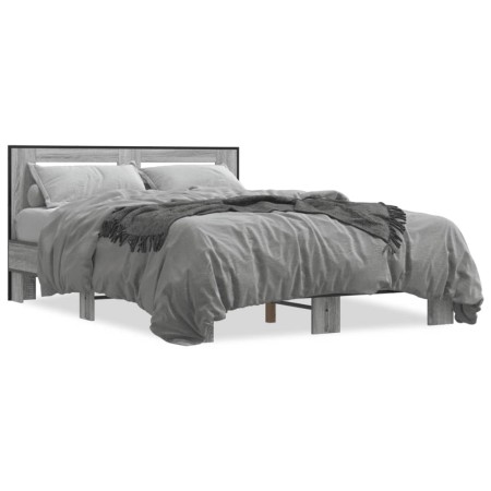 Estructura cama madera ingeniería metal gris Sonoma 135x190 cm de vidaXL, Camas y somieres - Ref: Foro24-3280125, Precio: 146...