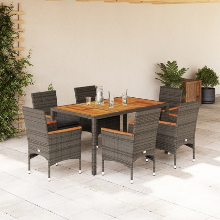Set de comedor jardín 7 pzas con cojines ratán PE acacia gris de vidaXL, Conjuntos de jardín - Ref: Foro24-3278636, Precio: 5...