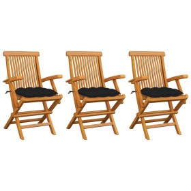 Sillas de jardín 3 uds madera maciza de teca con cojines negros de vidaXL, Sillas de jardín - Ref: Foro24-3062536, Precio: 24...