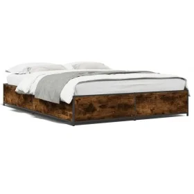 Engineered wood bed frame metal smoked oak 150x200cm by vidaXL, Beds and slatted bases - Ref: Foro24-3279839, Price: 126,11 €...