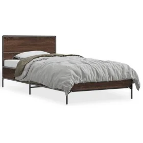 Estructura cama madera ingeniería metal roble marrón 75x190 cm de vidaXL, Camas y somieres - Ref: Foro24-845561, Precio: 76,8...
