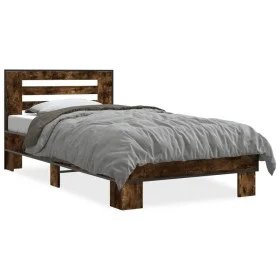 Estructura cama madera ingeniería metal roble ahumado 90x190 cm de vidaXL, Camas y somieres - Ref: Foro24-846086, Precio: 96,...