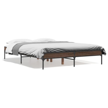 Estructura cama madera ingeniería metal marrón roble 135x190 cm de vidaXL, Camas y somieres - Ref: Foro24-845045, Precio: 87,...