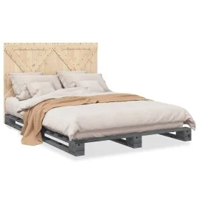Bed frame with gray pine wood headboard 160x200 cm by vidaXL, Beds and slatted bases - Ref: Foro24-3281583, Price: 238,19 €, ...