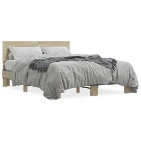 Estructura cama madera ingeniería metal roble Sonoma 135x190 cm de vidaXL, Camas y somieres - Ref: Foro24-3280208, Precio: 13...