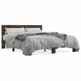 Oak brown metal engineered wood bed frame 150x200 cm by vidaXL, Beds and slatted bases - Ref: Foro24-3280191, Price: 149,64 €...
