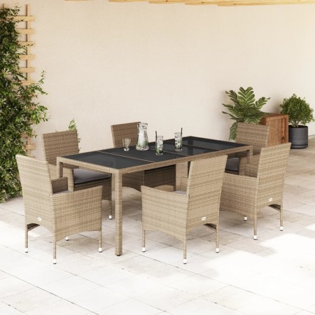 Set comedor jardín 7 pzas cojines ratán sintético vidrio beige de vidaXL, Conjuntos de jardín - Ref: Foro24-3278565, Precio: ...