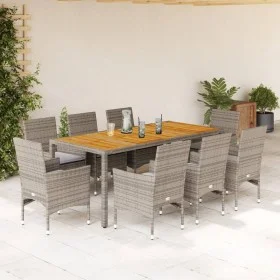 Set de comedor jardín 9 pzas con cojines ratán PE acacia gris de vidaXL, Conjuntos de jardín - Ref: Foro24-3278680, Precio: 7...
