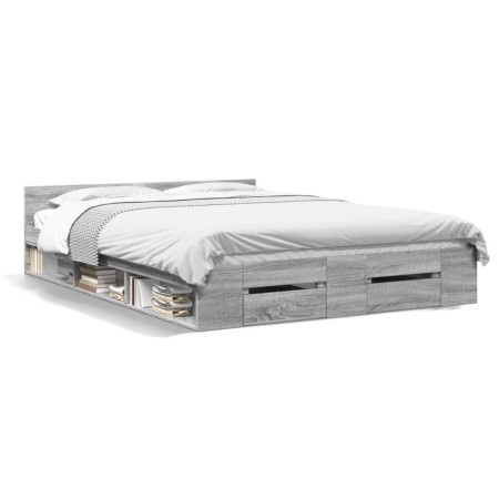 Cama con cajones madera ingeniería gris Sonoma 140x190 cm de vidaXL, Camas y somieres - Ref: Foro24-3280767, Precio: 172,68 €...
