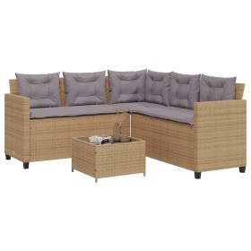 Sofá de jardín en forma de L con mesa y cojines ratán PE beige de vidaXL, Conjuntos de jardín - Ref: Foro24-369042, Precio: 2...
