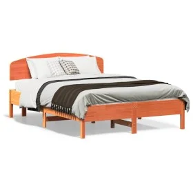 Estructura cama con cabecero madera pino marrón cera 135x190 cm de vidaXL, Camas y somieres - Ref: Foro24-3207232, Precio: 18...