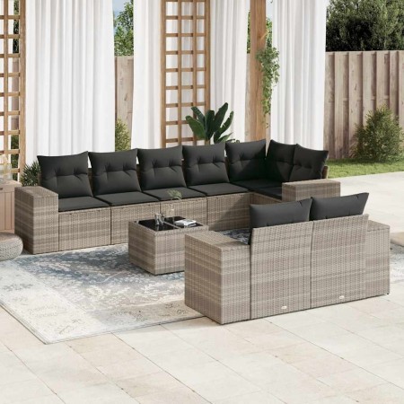 Set muebles jardín 9 pzas y cojines ratán sintético gris claro en Conjuntos de jardín | Comprar online en Foru.es