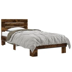 Estructura cama madera ingeniería metal roble humo 100x200 cm de vidaXL, Camas y somieres - Ref: Foro24-845739, Precio: 105,9...