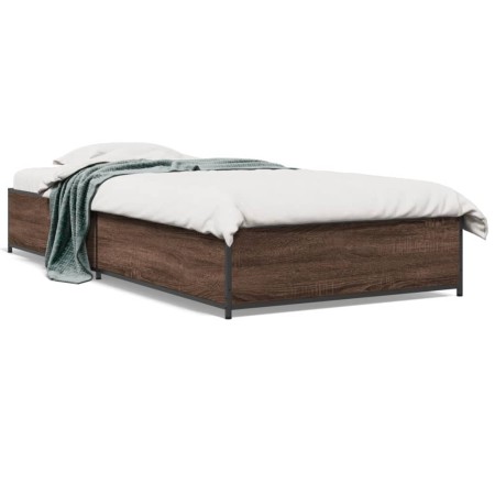 Estructura cama madera ingeniería metal roble marrón 75x190 cm de vidaXL, Camas y somieres - Ref: Foro24-845125, Precio: 68,9...