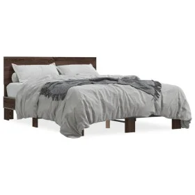 Engineered wood bed frame oak brown metal 135x190 cm by vidaXL, Beds and slatted bases - Ref: Foro24-3280211, Price: 143,45 €...