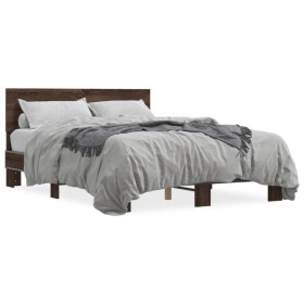 Estructura cama madera ingeniería metal marrón roble 135x190 cm de vidaXL, Camas y somieres - Ref: Foro24-3280211, Precio: 14...