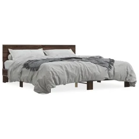 Oak brown metal engineered wood bed frame 200x200 cm by vidaXL, Beds and slatted bases - Ref: Foro24-3280176, Price: 162,53 €...