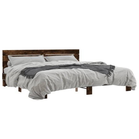 Estructura cama madera ingeniería metal roble ahumado 200x200cm de vidaXL, Camas y somieres - Ref: Foro24-3280129, Precio: 15...