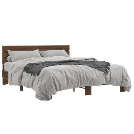 Estructura cama madera ingeniería metal marrón roble 160x200 cm de vidaXL, Camas y somieres - Ref: Foro24-3280141, Precio: 15...