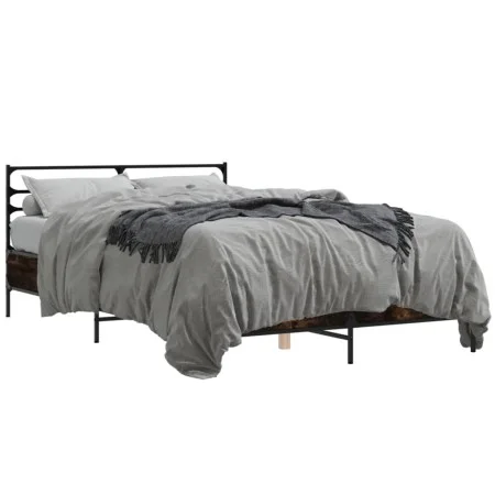 Estructura cama madera ingeniería metal roble ahumado 140x200cm de vidaXL, Camas y somieres - Ref: Foro24-3280044, Precio: 13...