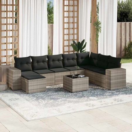 Set muebles jardín 9 pzas y cojines ratán sintético gris claro en Conjuntos de jardín | Comprar online en Foru.es