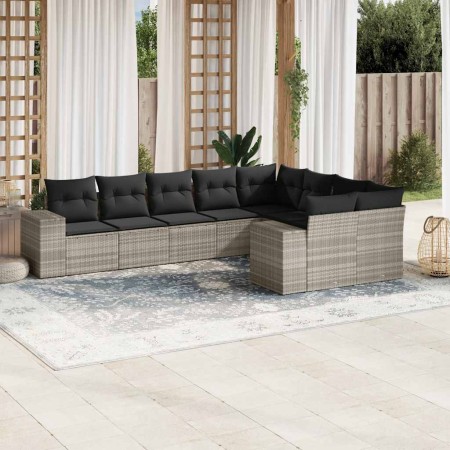 Set muebles jardín 9 pzas y cojines ratán sintético gris claro en Conjuntos de jardín | Comprar online en Foru.es