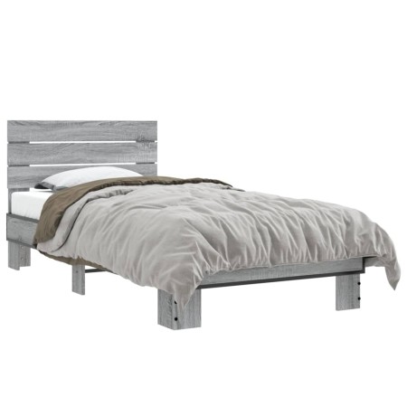 Estructura cama madera ingeniería metal gris Sonoma 75x190 cm de vidaXL, Camas y somieres - Ref: Foro24-845750, Precio: 67,38...