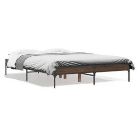 Estructura cama madera ingeniería metal marrón roble 140x190 cm de vidaXL, Camas y somieres - Ref: Foro24-845040, Precio: 89,...