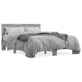 Sonoma gray metal engineered wood bed frame 135x190 cm by vidaXL, Beds and slatted bases - Ref: Foro24-3280210, Price: 143,45...