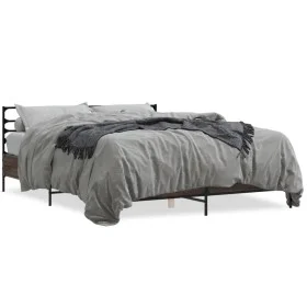 Oak brown metal engineered wood bed frame 150x200 cm by vidaXL, Beds and slatted bases - Ref: Foro24-3280051, Price: 148,21 €...