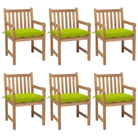 Sillas de jardín 6 uds madera maciza teca cojines verde brillo de vidaXL, Sillas de jardín - Ref: Foro24-3073057, Precio: 1,0...
