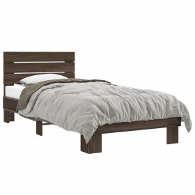 Brown oak metal engineered wood bed frame 90x200 cm by vidaXL, Beds and slatted bases - Ref: Foro24-845746, Price: 94,53 €, D...