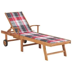 Tumbona con cojín acuadros rojo madera maciza de teca de vidaXL, Tumbonas - Ref: Foro24-3063019, Precio: 297,96 €, Descuento: %