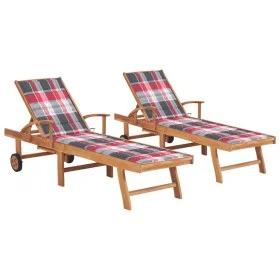 Tumbonas 2 uds madera maciza de teca con cojín a cuadros rojo de vidaXL, Tumbonas - Ref: Foro24-3073199, Precio: 588,51 €, De...