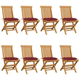 Sillas de jardín 8 uds madera de teca con cojines rojo tinto de vidaXL, Sillas de jardín - Ref: Foro24-3072941, Precio: 484,3...