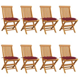 Sillas de jardín 8 uds madera de teca con cojines rojo tinto de vidaXL, Sillas de jardín - Ref: Foro24-3072941, Precio: 510,2...