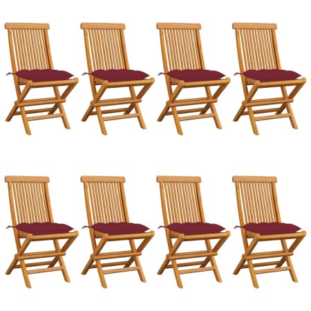 Sillas de jardín 8 uds madera de teca con cojines rojo tinto de vidaXL, Sillas de jardín - Ref: Foro24-3072941, Precio: 510,2...