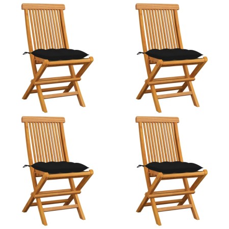 Sillas de jardín 4 uds madera maciza de teca con cojines negros de vidaXL, Sillas de jardín - Ref: Foro24-3062590, Precio: 25...