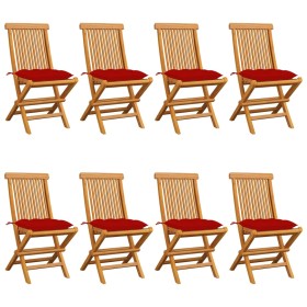 Sillas de jardín 8 unidades teca maciza con cojines rojos de vidaXL, Sillas de jardín - Ref: Foro24-3072938, Precio: 511,06 €...