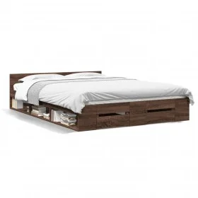 Oak brown engineered wood bed with drawers 135x190 cm by vidaXL, Beds and slatted bases - Ref: Foro24-3280775, Price: 156,60 ...