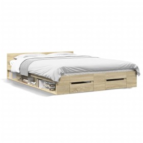 Cama con cajones madera ingeniería roble Sonoma 135x190 cm de vidaXL, Camas y somieres - Ref: Foro24-3280771, Precio: 149,85 ...