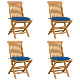 Sillas de jardín 4 uds madera maciza de teca con cojines azules de vidaXL, Sillas de jardín - Ref: Foro24-3062593, Precio: 24...