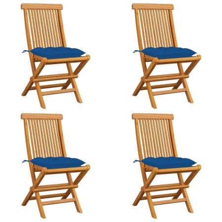 Sillas de jardín 4 uds madera maciza de teca con cojines azules de vidaXL, Sillas de jardín - Ref: Foro24-3062593, Precio: 25...