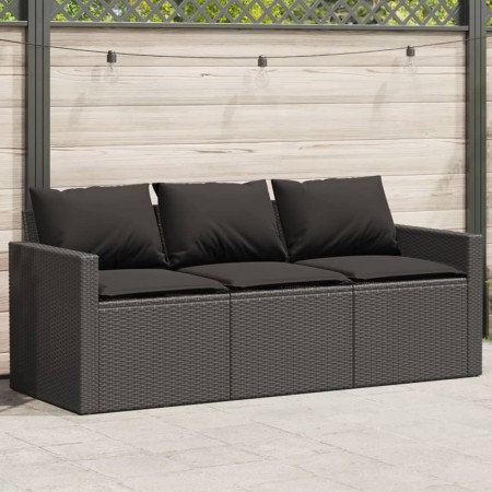 Sofá de jardín de 3 plazas con cojines ratán sintético negro de vidaXL, Sofás de exterior - Ref: Foro24-366341, Precio: 214,9...