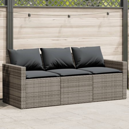 Sofá de jardín de 3 plazas con cojines ratán sintético gris de vidaXL, Sofás de exterior - Ref: Foro24-366343, Precio: 201,90...