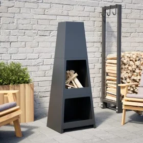 Chimenea de exterior con leñero y diseño de torre acero negro de vidaXL, Chimeneas - Ref: Foro24-4005750, Precio: 166,36 €, D...