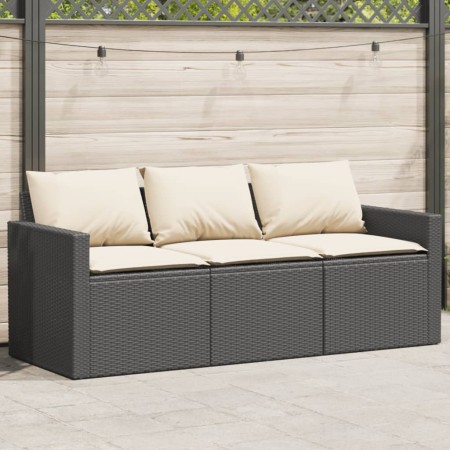 Sofá de jardín de 3 plazas con cojines ratán sintético negro de vidaXL, Sofás de exterior - Ref: Foro24-366340, Precio: 196,1...