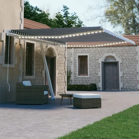 Toldo retráctil manual con LED azul y blanco 450x300 cm de vidaXL, Toldos - Ref: Foro24-3069561, Precio: 500,47 €, Descuento: %