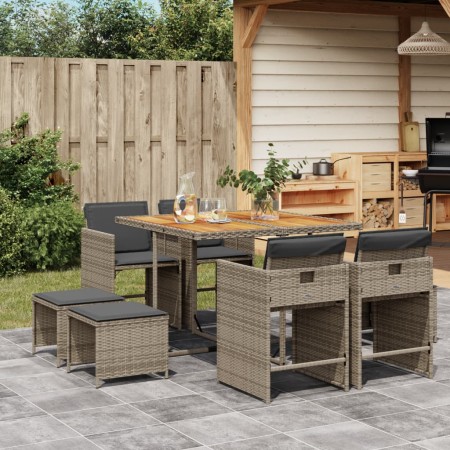 Set comedor jardín 9 pzas y cojines ratán sintético gris de vidaXL, Conjuntos de jardín - Ref: Foro24-3277909, Precio: 383,75...