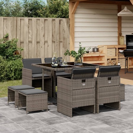 Set comedor jardín 9 pzas y cojines ratán sintético gris de vidaXL, Conjuntos de jardín - Ref: Foro24-3277723, Precio: 443,84...